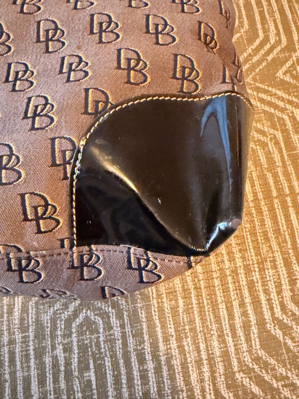 Dooney & Bourke Brown Logo-Print Shoulder Hobo with Black Patent Accents - Picture 4 of 7